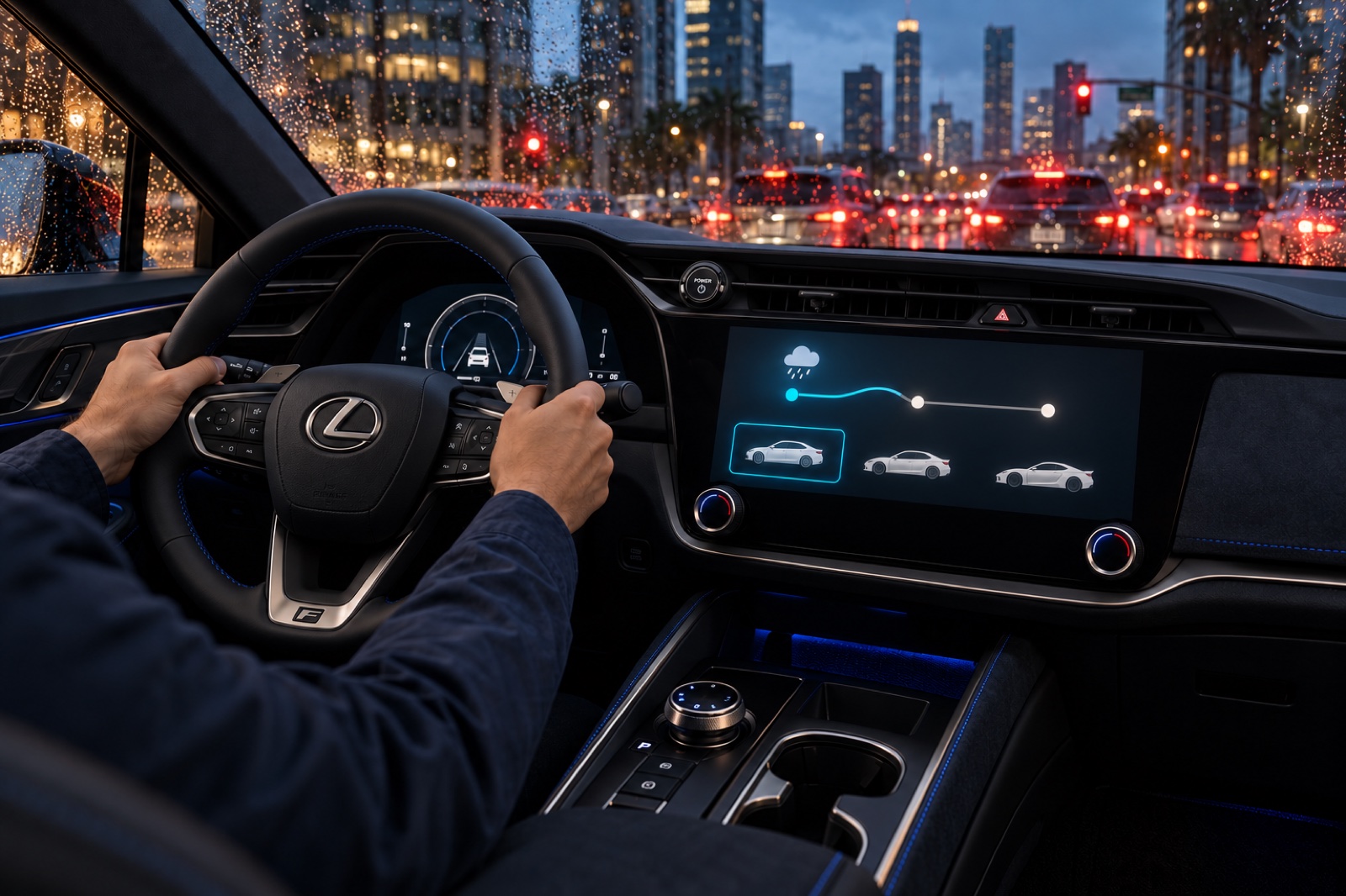 Toyota: A sedan profile appears on the Lexus touchscreen as rainy traffic fills the windshield.