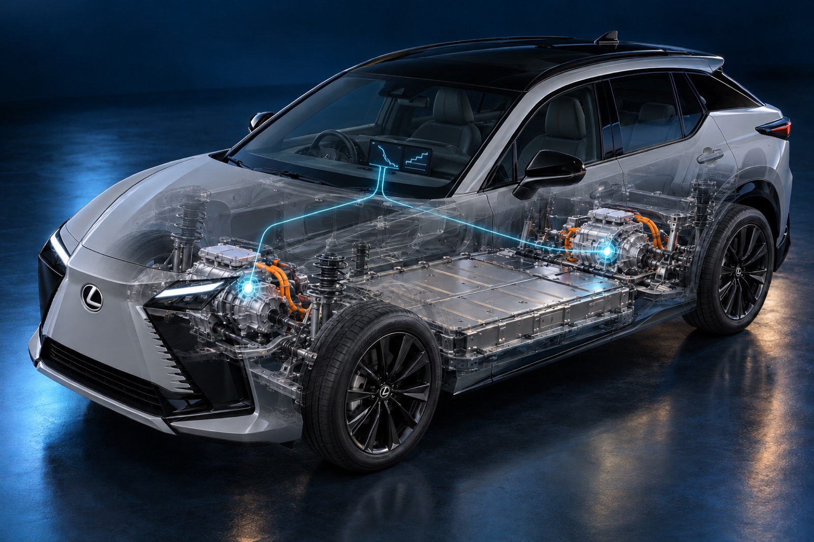 Software commands connect the selected driving profile to the front and rear electric motors.