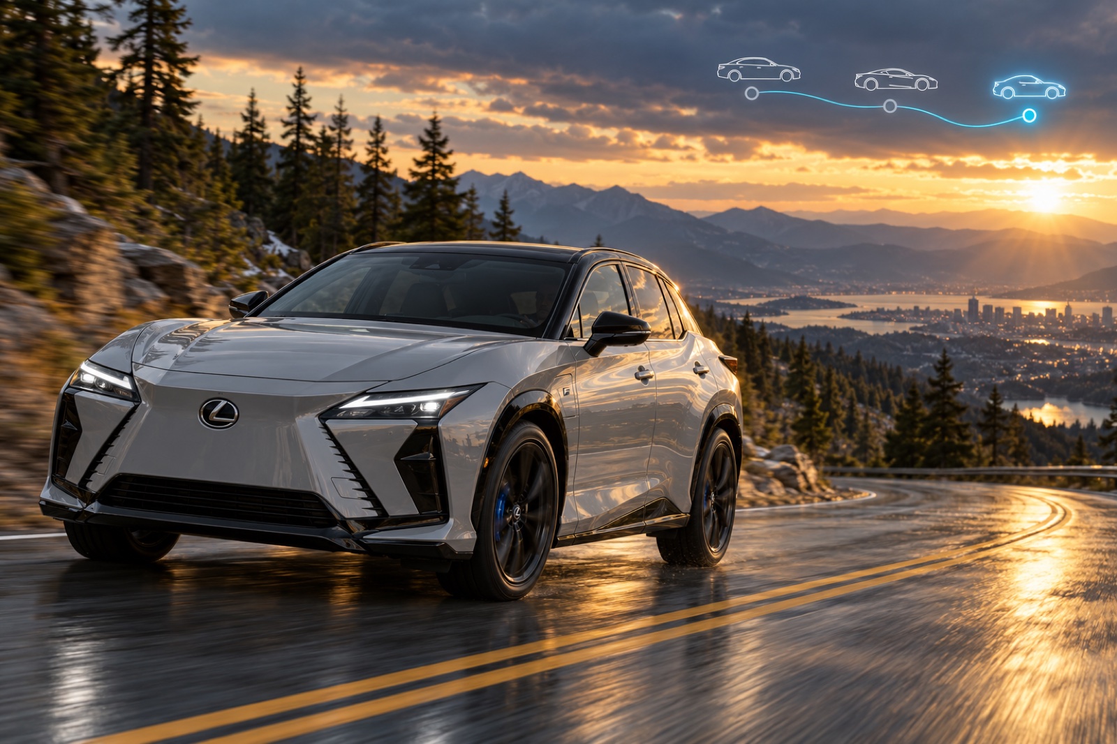 Successive route sections select different virtual cars while the Lexus itself remains unchanged.