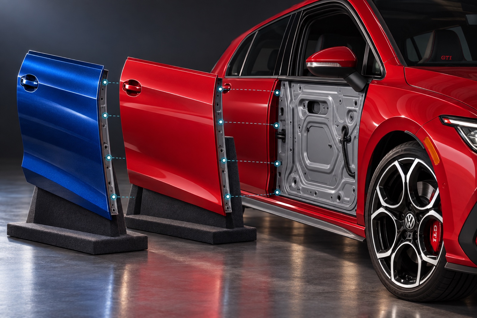 Differently sculpted door skins share matching attachment locations with the retained door structure.