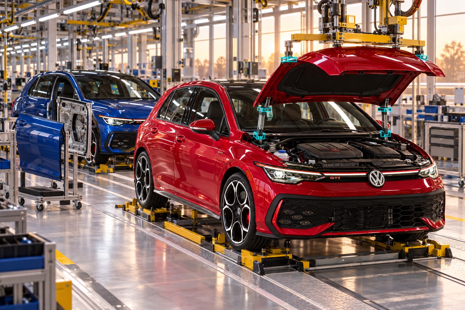 Finished red and blue panels meet common Golf GTI structures late in assembly.