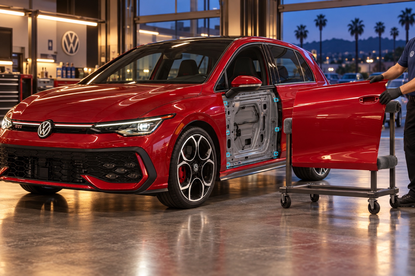 A replacement door skin approaches the retained inner structure of a Volkswagen Golf GTI.
