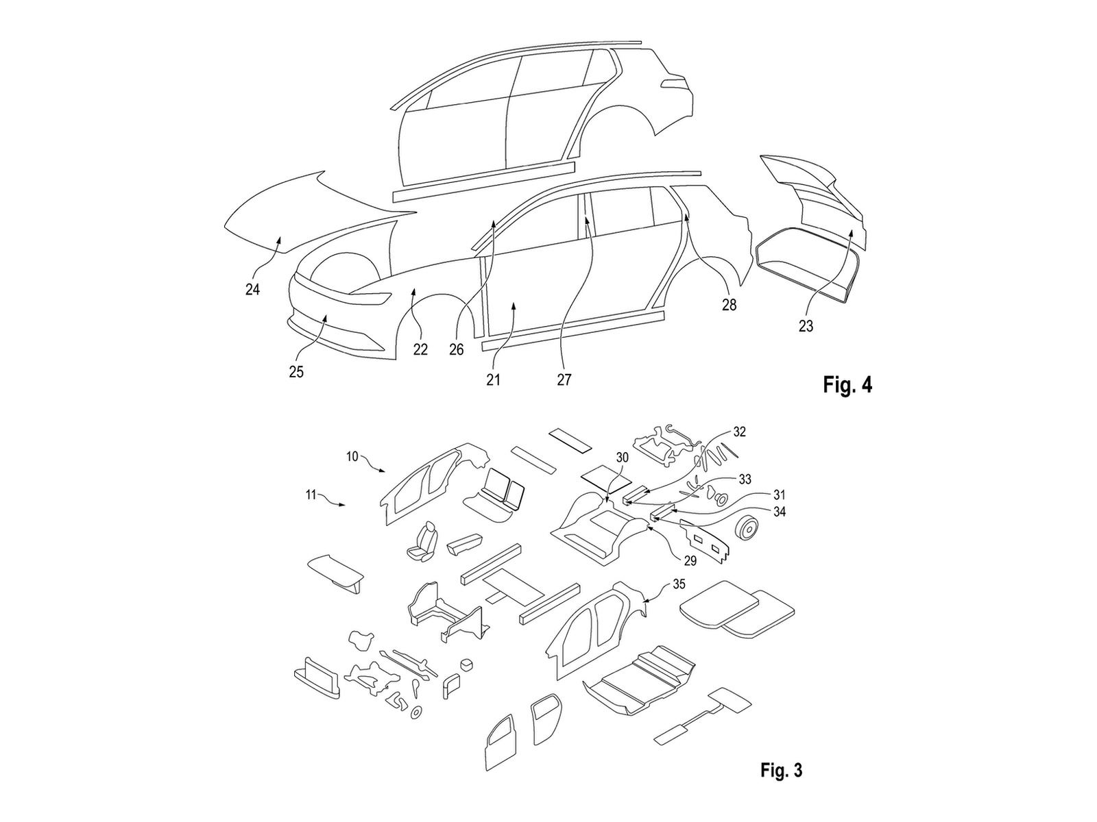 Volkswagen’s sketches separate the exterior panels from the body components, including optional rear structural extensions.
