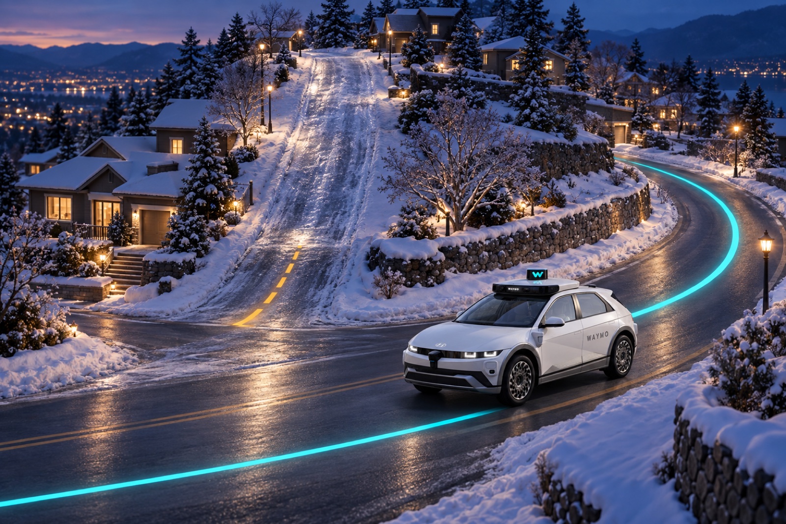 The robotaxi follows a flatter route around a hill with reduced traction.