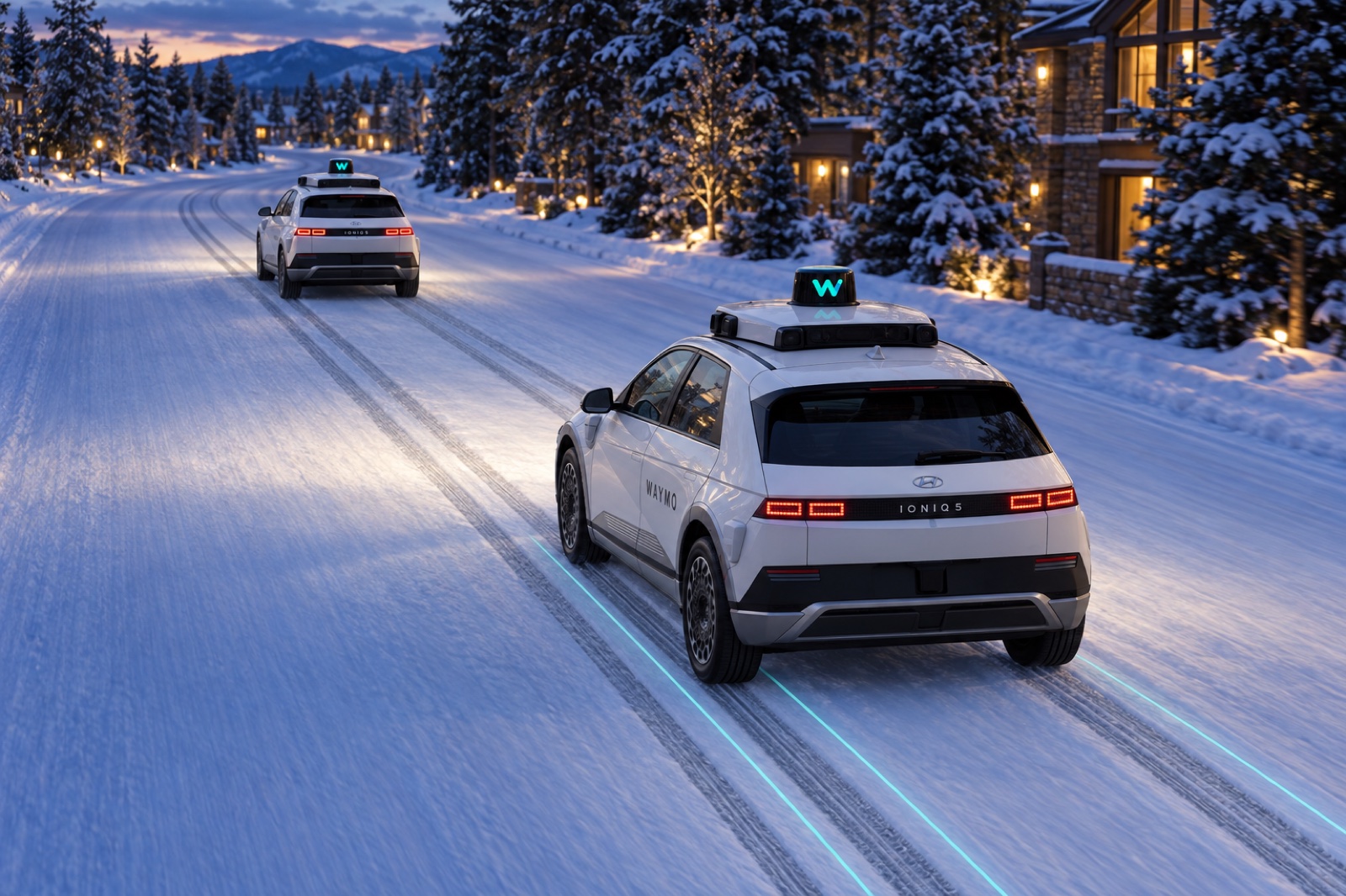 Two Waymo robotaxis take slightly different lines through snow to compare available grip.