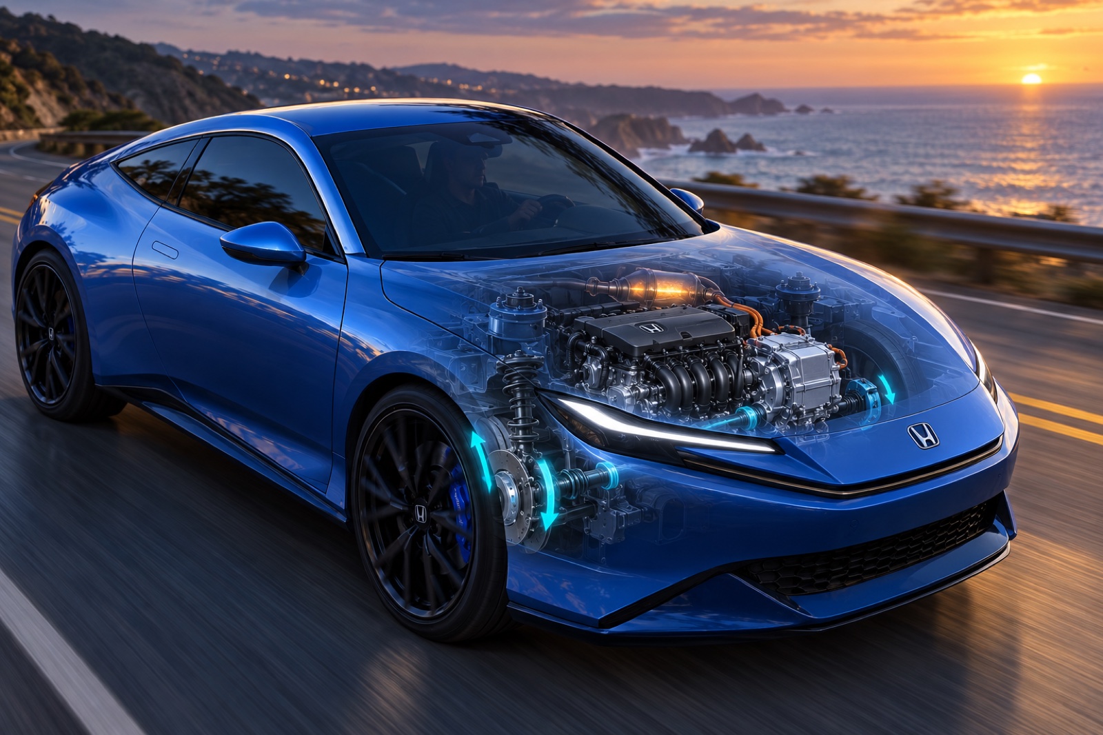 Honda: The front motor supplies braking force while the engine warms its exhaust catalyst.