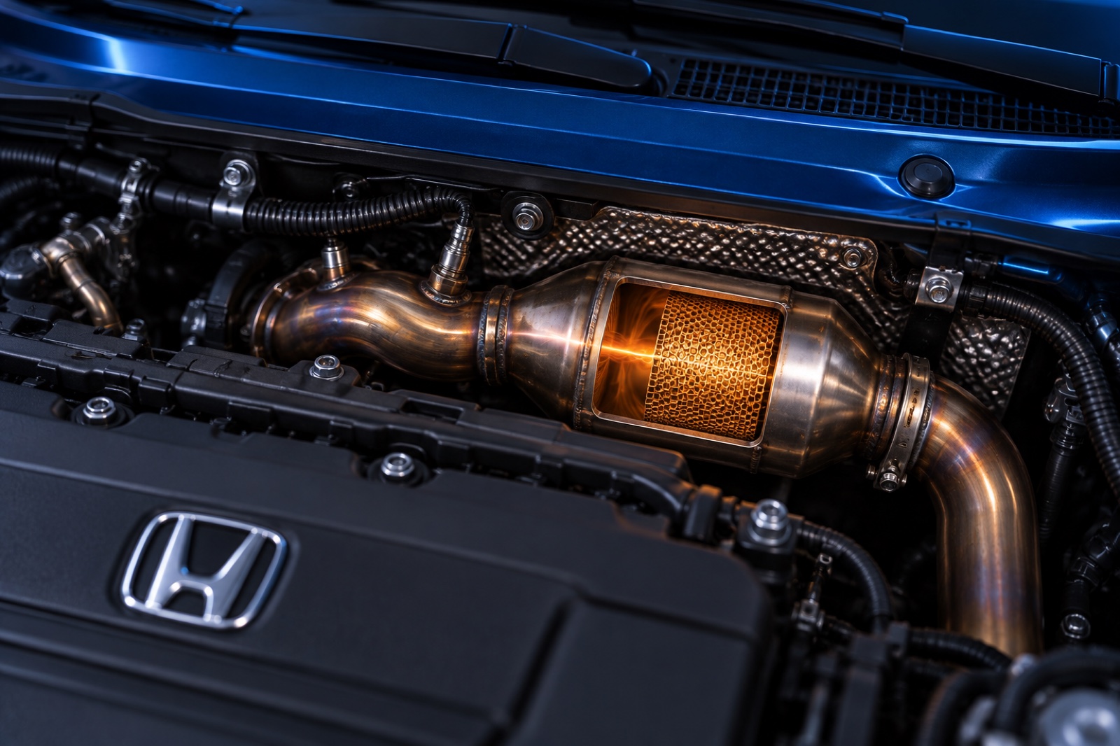 Warm exhaust flows through the catalyst’s honeycomb core behind the running engine.