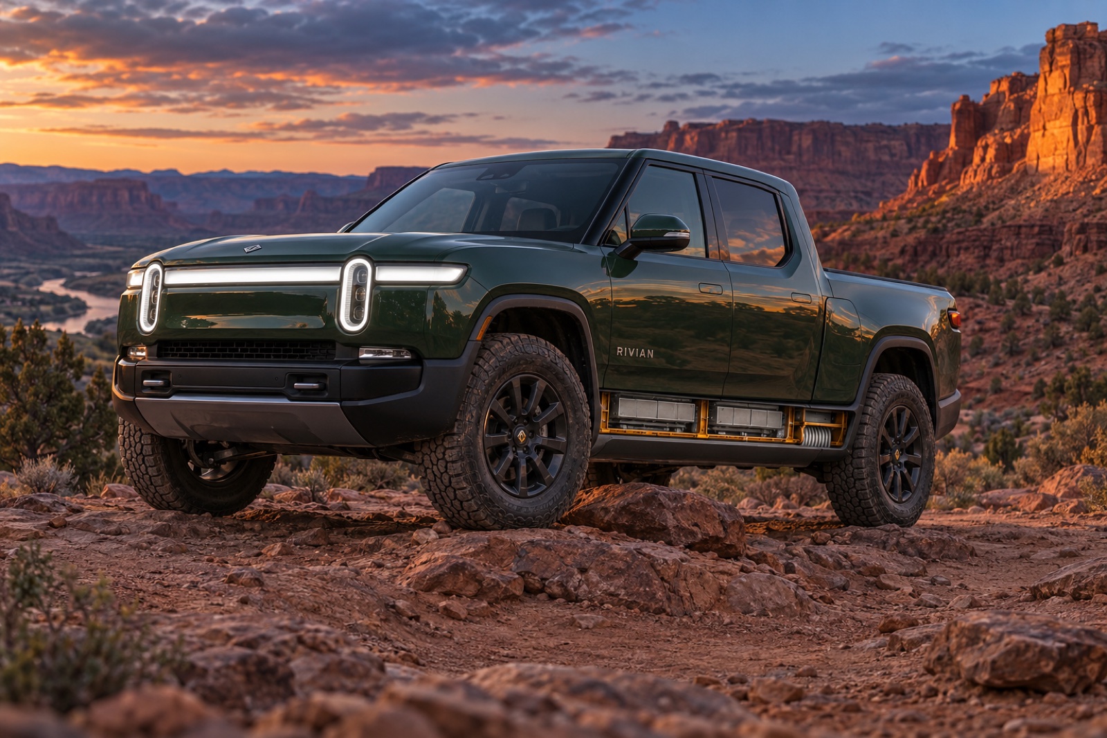 Rivian: Internal reinforcement sits above the R1T’s skid plate, with rocks below the battery.